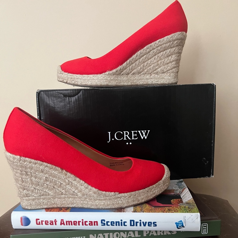 J. Crew “Vibrant Flame” Red Canvas Espadrille Wedges - Like New/Worn Once